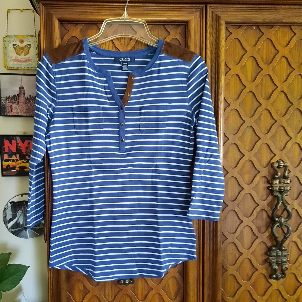 3/$15 CHAPS Navy Striped, Faux Suede 3/4 Sleeve Henley Top w pocket- Size S